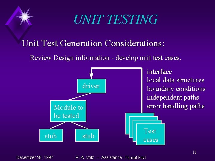 UNIT TESTING Unit Test Generation Considerations: Review Design information - develop unit test cases.