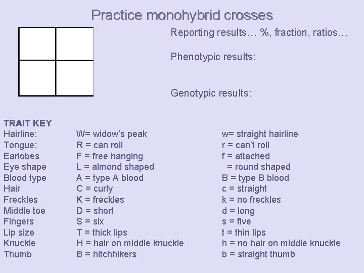 Practice monohybrid crosses Reporting results… %, fraction, ratios… Phenotypic results: Genotypic results: TRAIT KEY