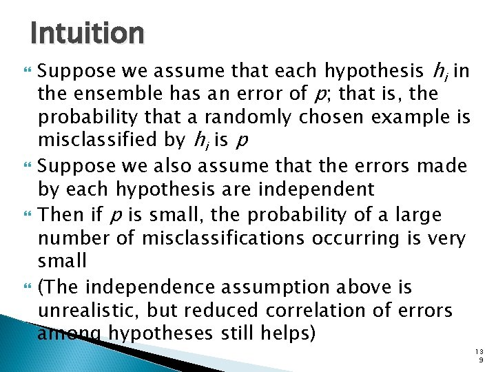 Intuition Suppose we assume that each hypothesis hi in the ensemble has an error