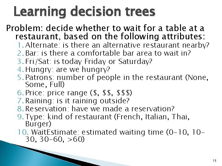 Learning decision trees Problem: decide whether to wait for a table at a restaurant,