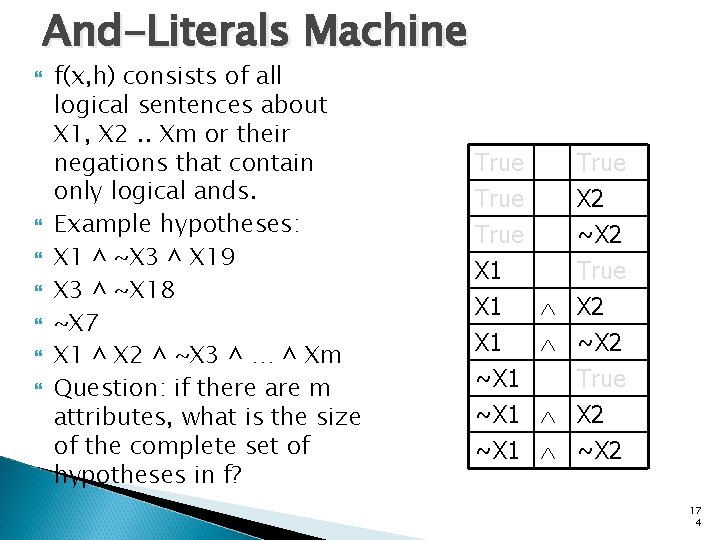 And-Literals Machine f(x, h) consists of all logical sentences about X 1, X 2.