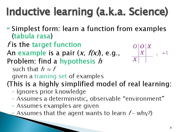 Inductive learning (a. k. a. Science) Simplest form: learn a function from examples (tabula