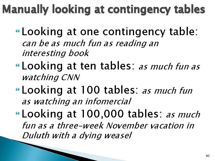 Manually looking at contingency tables Looking at one contingency table: can be as much