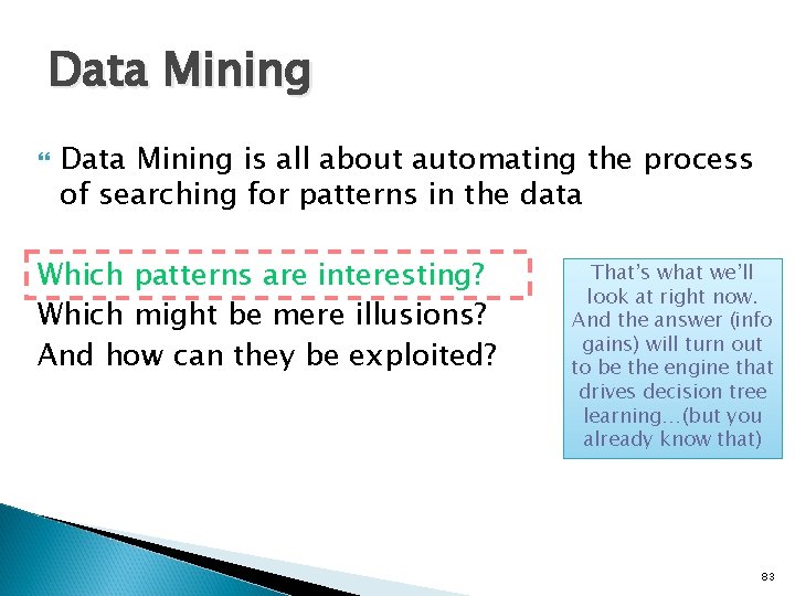 Data Mining is all about automating the process of searching for patterns in the