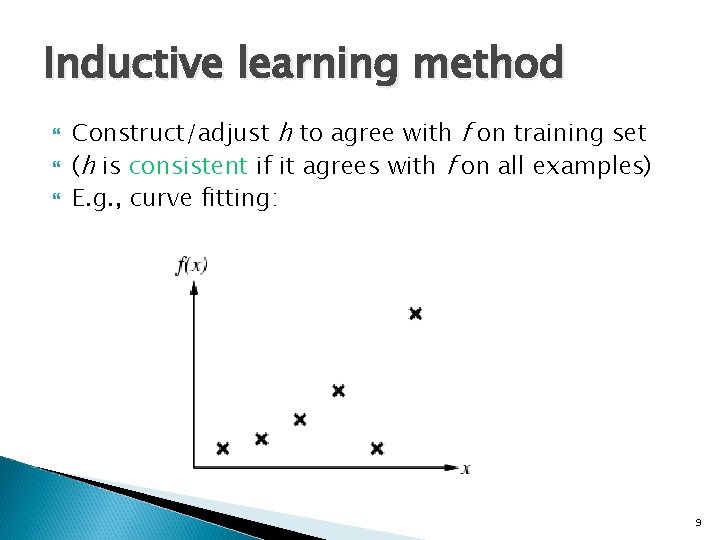 Inductive learning method Construct/adjust h to agree with f on training set (h is