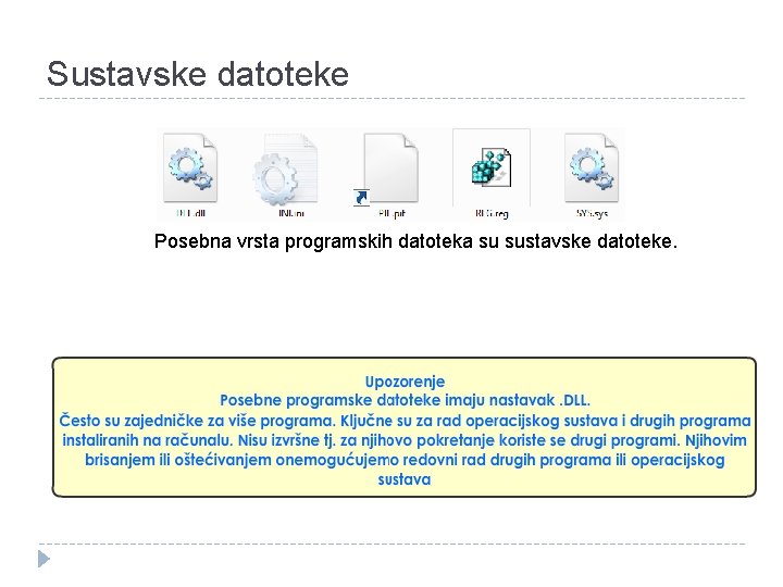 Sustavske datoteke Posebna vrsta programskih datoteka su sustavske datoteke. 