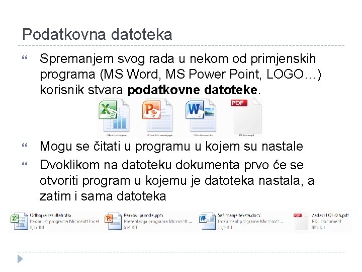 Podatkovna datoteka Spremanjem svog rada u nekom od primjenskih programa (MS Word, MS Power