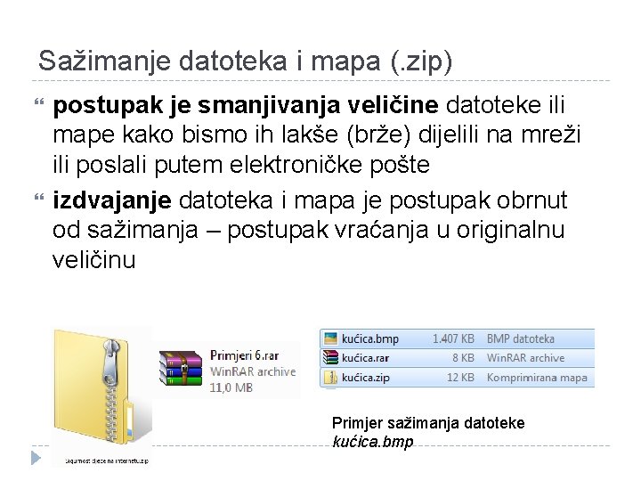 Sažimanje datoteka i mapa (. zip) postupak je smanjivanja veličine datoteke ili mape kako