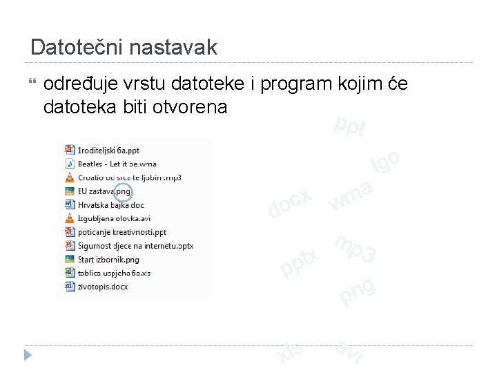 Datotečni nastavak određuje vrstu datoteke i program kojim će datoteka biti otvorena ppt lgo