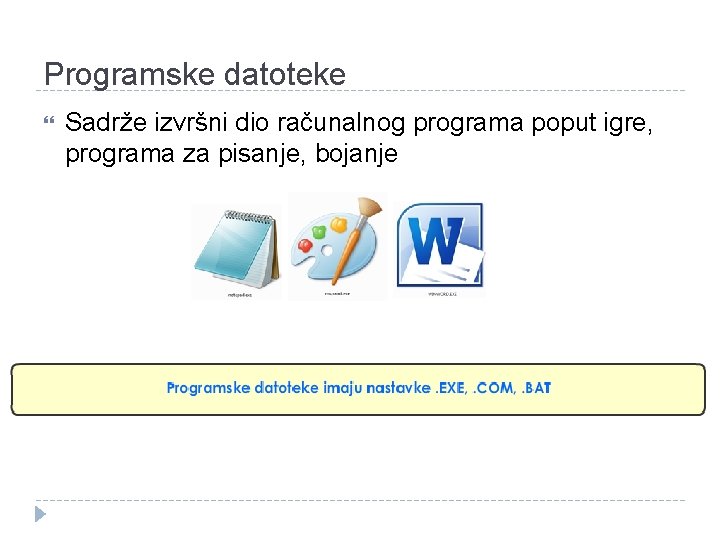 Programske datoteke Sadrže izvršni dio računalnog programa poput igre, programa za pisanje, bojanje 