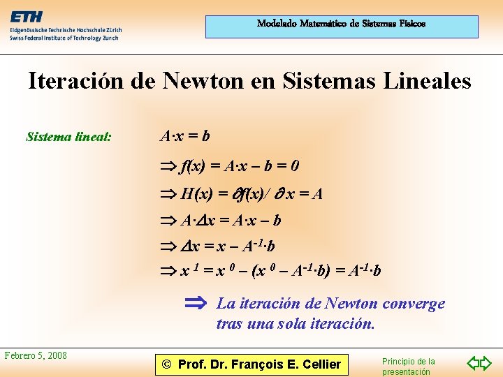 Modelado Matemático de Sistemas Físicos Iteración de Newton en Sistemas Lineales Sistema lineal: A·x