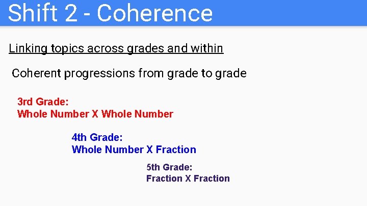 Shift 2 - Coherence Linking topics across grades and within Coherent progressions from grade