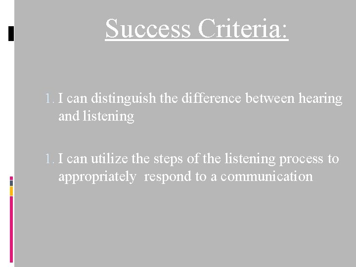 Success Criteria: 1. I can distinguish the difference between hearing and listening 1. I