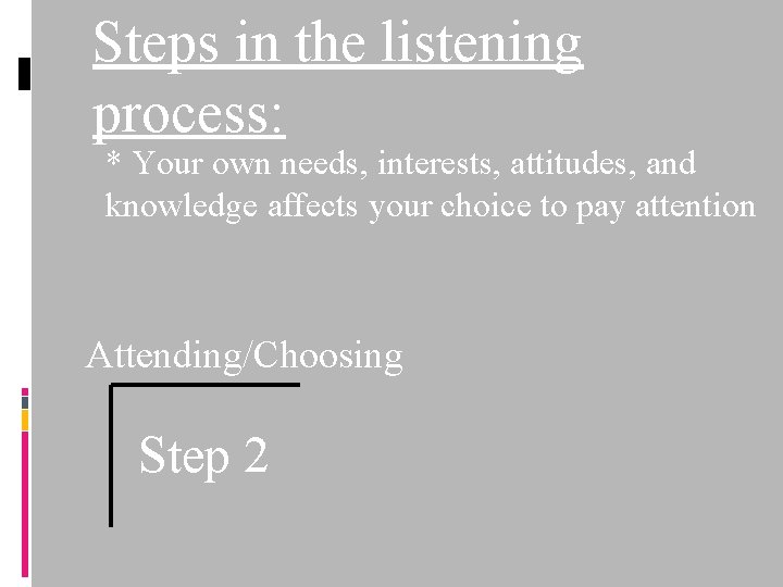 Steps in the listening process: * Your own needs, interests, attitudes, and knowledge affects