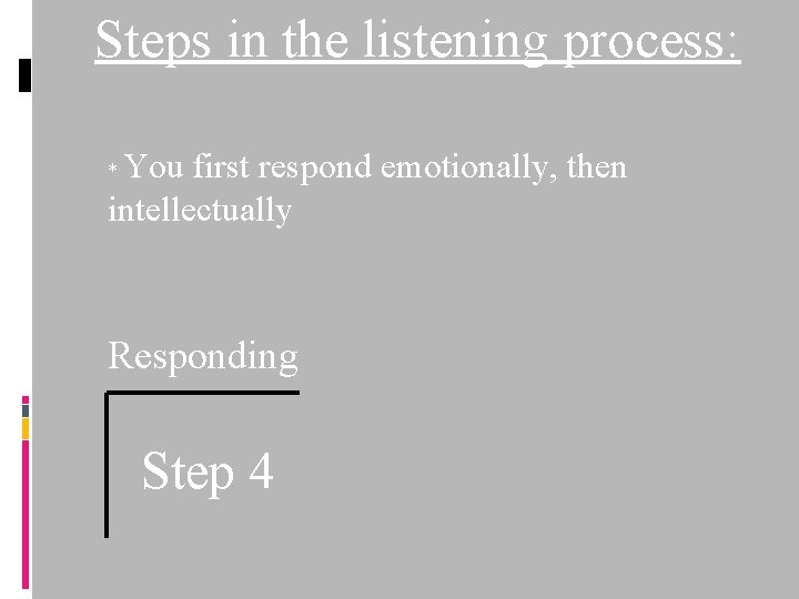 Steps in the listening process: You first respond emotionally, then intellectually * Responding Step