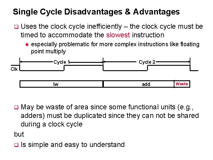 Single Cycle Disadvantages & Advantages q Uses the clock cycle inefficiently – the clock Single Cycle Disadvantages & Advantages q Uses the clock cycle inefficiently – the clock