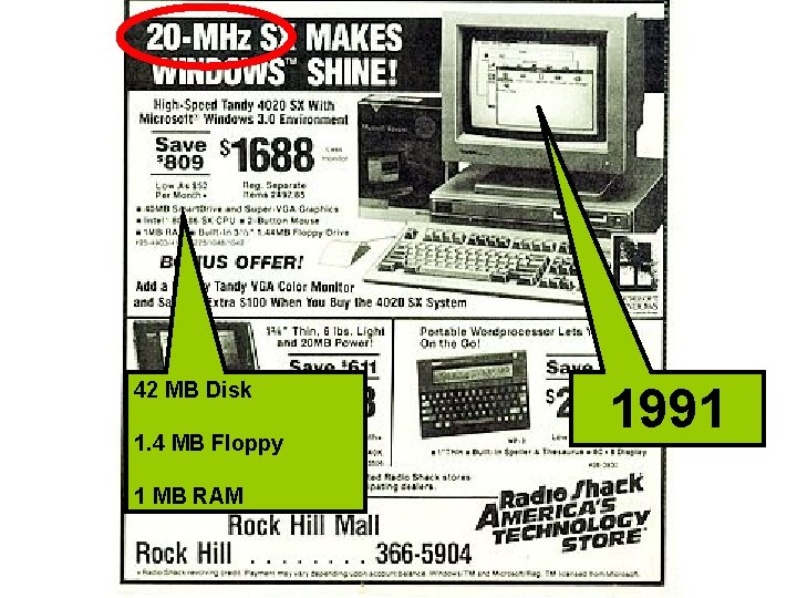 42 MB Disk 1. 4 MB Floppy 1 MB RAM 1991 42 MB Disk 1. 4 MB Floppy 1 MB RAM 1991