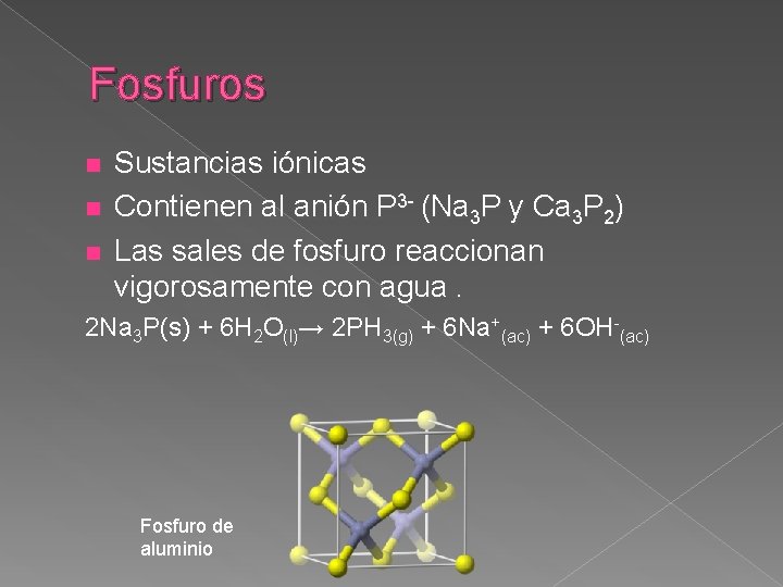 Fosfuros n n n Sustancias iónicas Contienen al anión P 3 - (Na 3