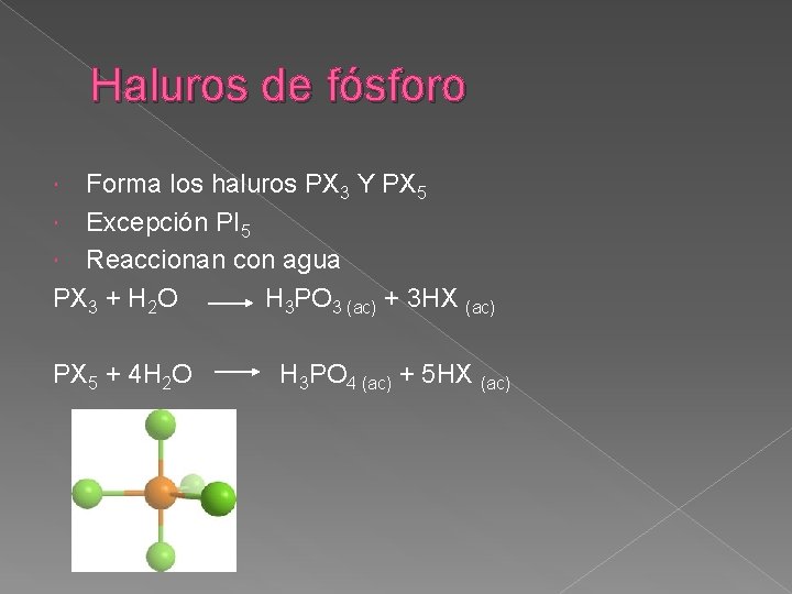 Haluros de fósforo Forma los haluros PX 3 Y PX 5 Excepción PI 5