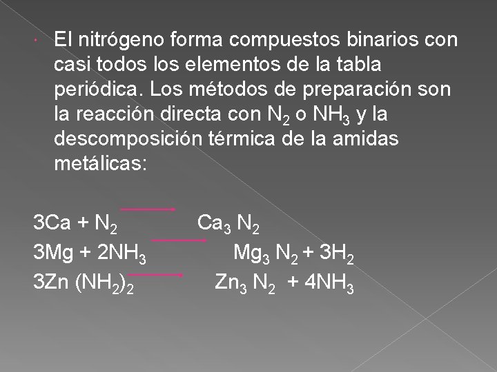  El nitrógeno forma compuestos binarios con casi todos los elementos de la tabla