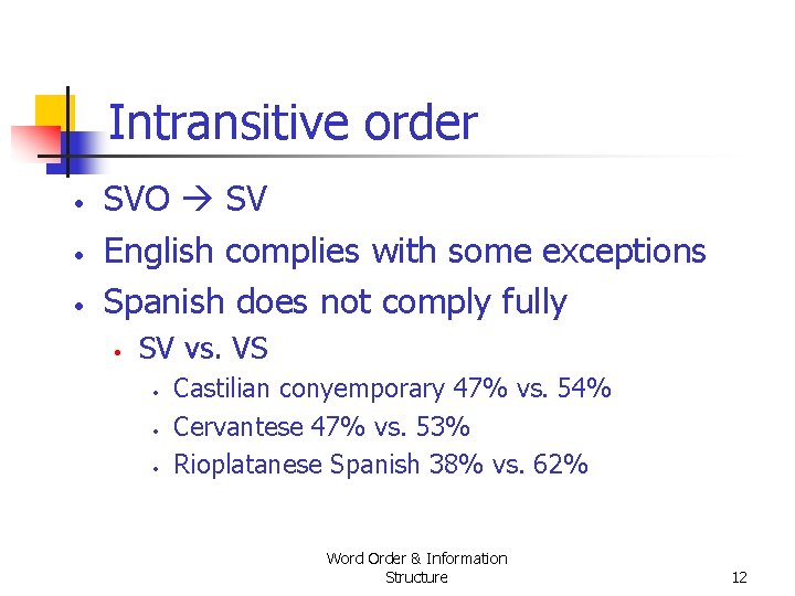 Intransitive order • • • SVO SV English complies with some exceptions Spanish does Intransitive order • • • SVO SV English complies with some exceptions Spanish does