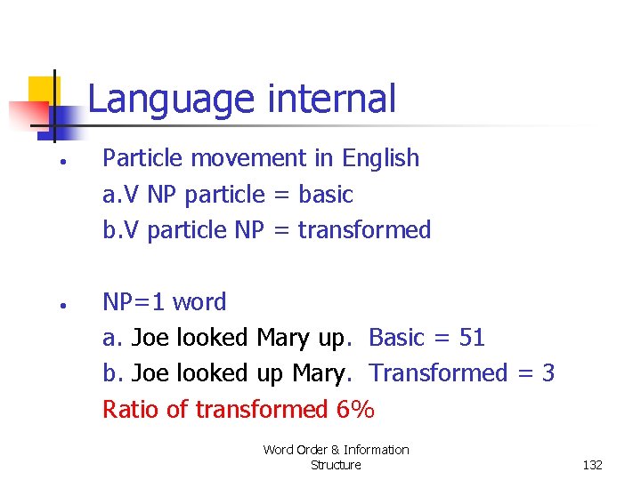 Language internal • • Particle movement in English a. V NP particle = basic Language internal • • Particle movement in English a. V NP particle = basic
