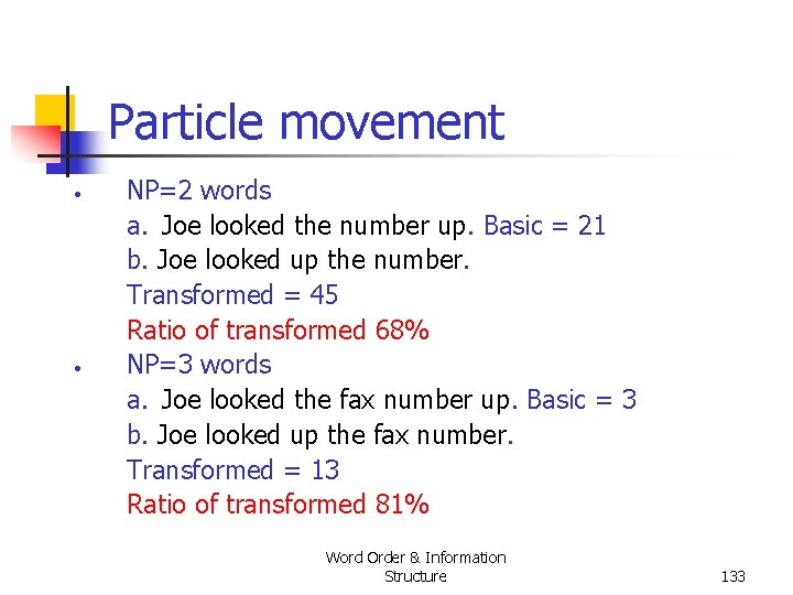 Particle movement • • NP=2 words a. Joe looked the number up. Basic = Particle movement • • NP=2 words a. Joe looked the number up. Basic =