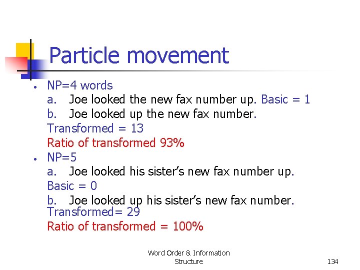 Particle movement • • NP=4 words a. Joe looked the new fax number up. Particle movement • • NP=4 words a. Joe looked the new fax number up.