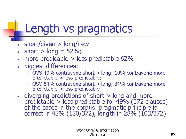 Length vs pragmatics • • short/given > long/new short > long = 52%; more Length vs pragmatics • • short/given > long/new short > long = 52%; more
