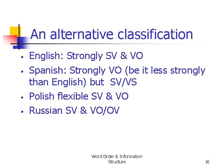 An alternative classification • • English: Strongly SV & VO Spanish: Strongly VO (be An alternative classification • • English: Strongly SV & VO Spanish: Strongly VO (be