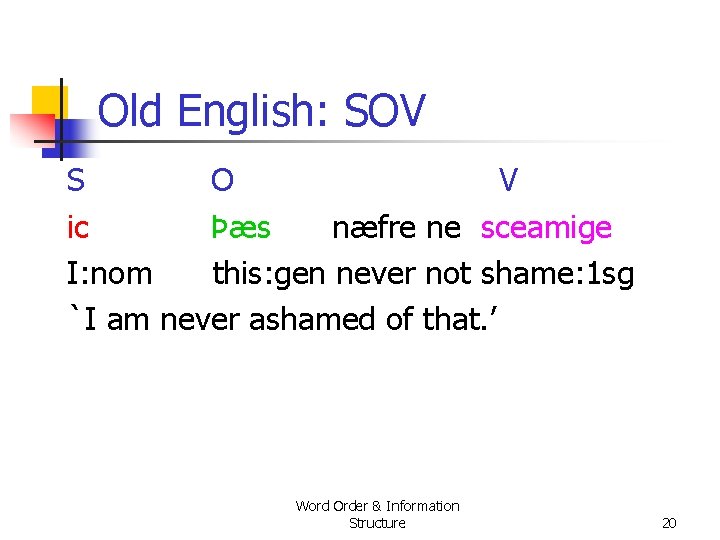 Old English: SOV S O V ic Þæs næfre ne sceamige I: nom this: Old English: SOV S O V ic Þæs næfre ne sceamige I: nom this: