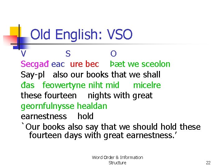 Old English: VSO V S O Secgađ eac ure bec Þæt we sceolon Say Old English: VSO V S O Secgađ eac ure bec Þæt we sceolon Say