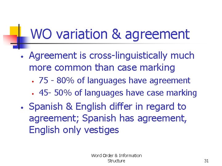 WO variation & agreement • Agreement is cross linguistically much more common than case WO variation & agreement • Agreement is cross linguistically much more common than case
