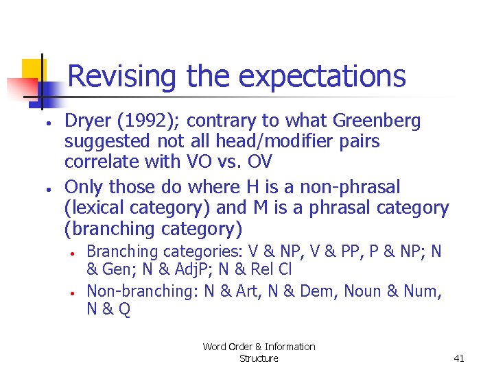 Revising the expectations • • Dryer (1992); contrary to what Greenberg suggested not all Revising the expectations • • Dryer (1992); contrary to what Greenberg suggested not all