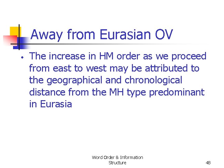Away from Eurasian OV • The increase in HM order as we proceed from Away from Eurasian OV • The increase in HM order as we proceed from