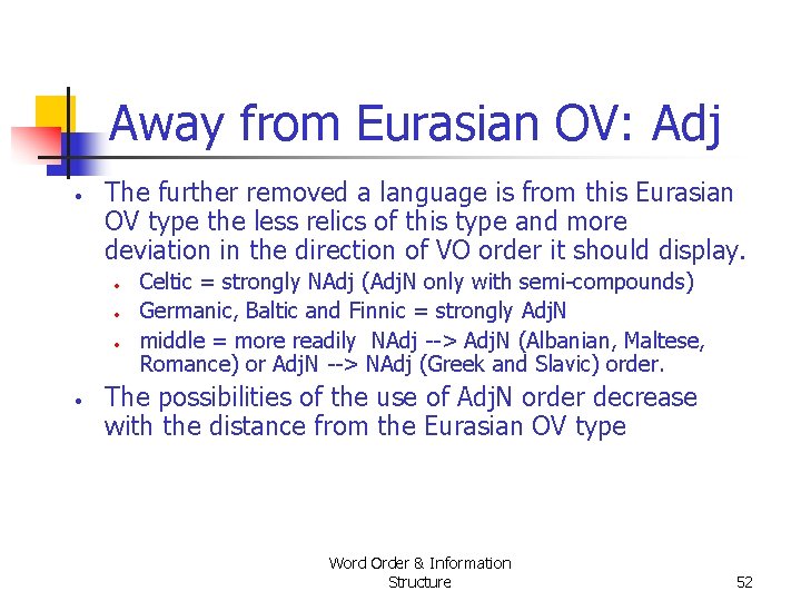 Away from Eurasian OV: Adj • The further removed a language is from this Away from Eurasian OV: Adj • The further removed a language is from this