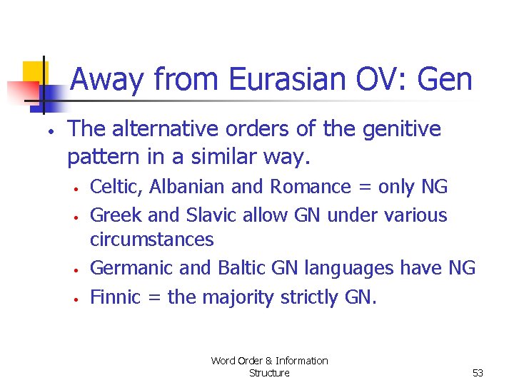 Away from Eurasian OV: Gen • The alternative orders of the genitive pattern in Away from Eurasian OV: Gen • The alternative orders of the genitive pattern in