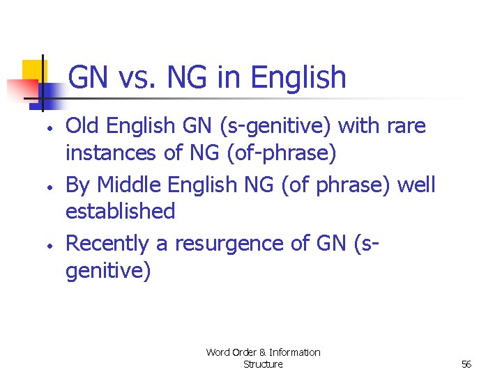 GN vs. NG in English • • • Old English GN (s genitive) with GN vs. NG in English • • • Old English GN (s genitive) with
