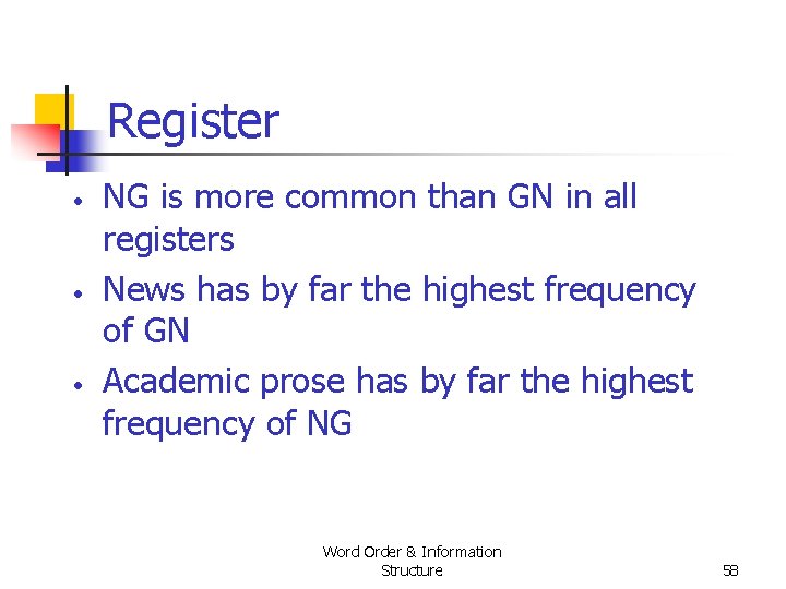 Register • • • NG is more common than GN in all registers News Register • • • NG is more common than GN in all registers News