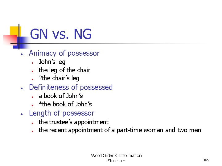 GN vs. NG • Animacy of possessor • • Definiteness of possessed • • GN vs. NG • Animacy of possessor • • Definiteness of possessed • •