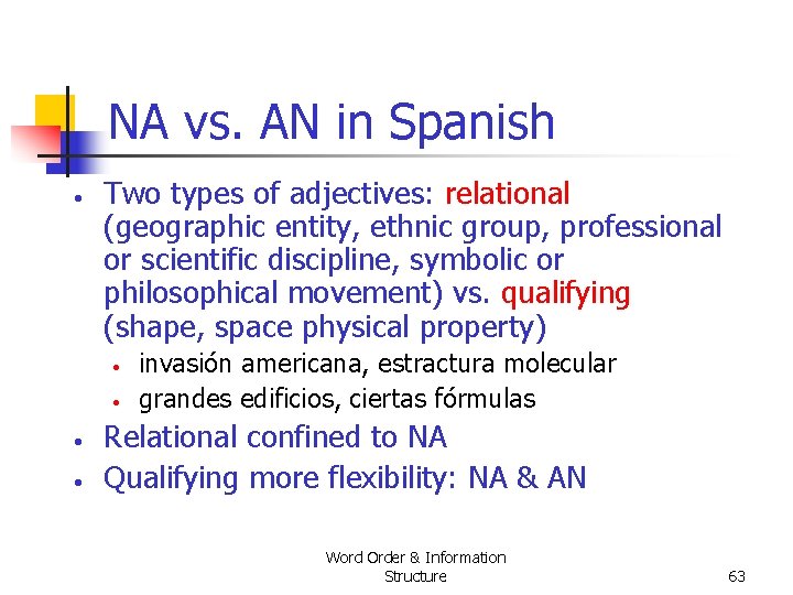 NA vs. AN in Spanish • Two types of adjectives: relational (geographic entity, ethnic NA vs. AN in Spanish • Two types of adjectives: relational (geographic entity, ethnic