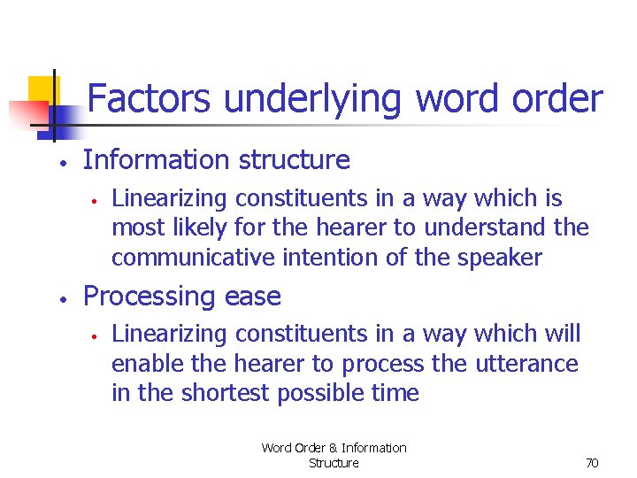 Factors underlying word order • Information structure • • Linearizing constituents in a way Factors underlying word order • Information structure • • Linearizing constituents in a way