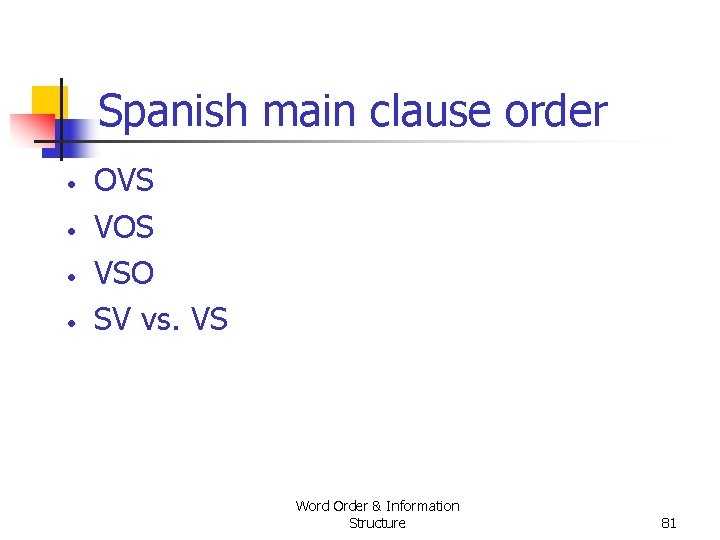Spanish main clause order • • OVS VOS VSO SV vs. VS Word Order Spanish main clause order • • OVS VOS VSO SV vs. VS Word Order