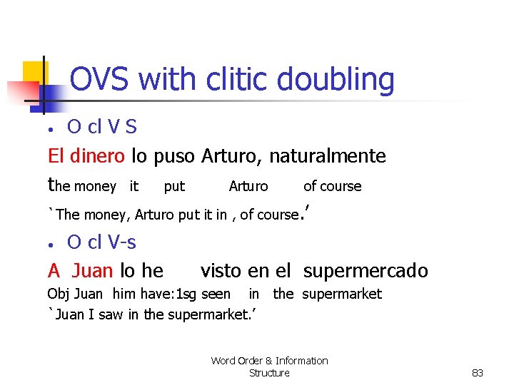 OVS with clitic doubling O cl V S El dinero lo puso Arturo, naturalmente OVS with clitic doubling O cl V S El dinero lo puso Arturo, naturalmente