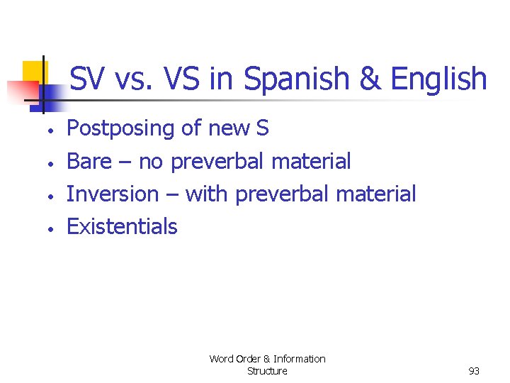 SV vs. VS in Spanish & English • • Postposing of new S Bare SV vs. VS in Spanish & English • • Postposing of new S Bare