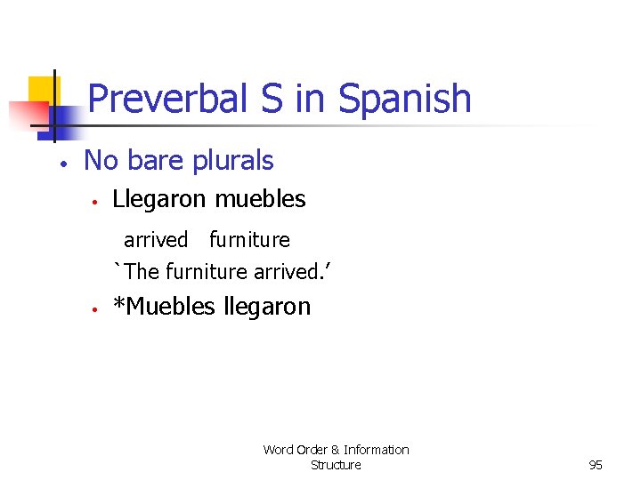 Preverbal S in Spanish • No bare plurals • Llegaron muebles arrived furniture `The Preverbal S in Spanish • No bare plurals • Llegaron muebles arrived furniture `The