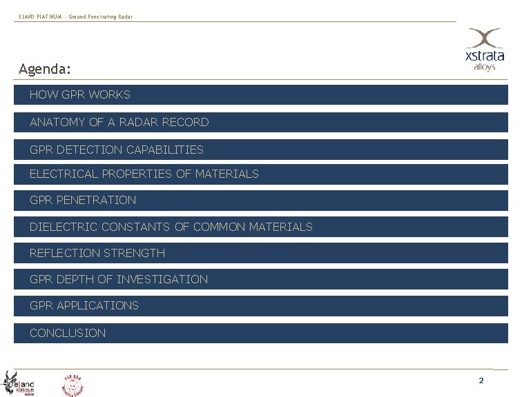 ELAND PLATINUM - Ground Penetrating Radar Agenda: HOW GPR WORKS ANATOMY OF A RADAR
