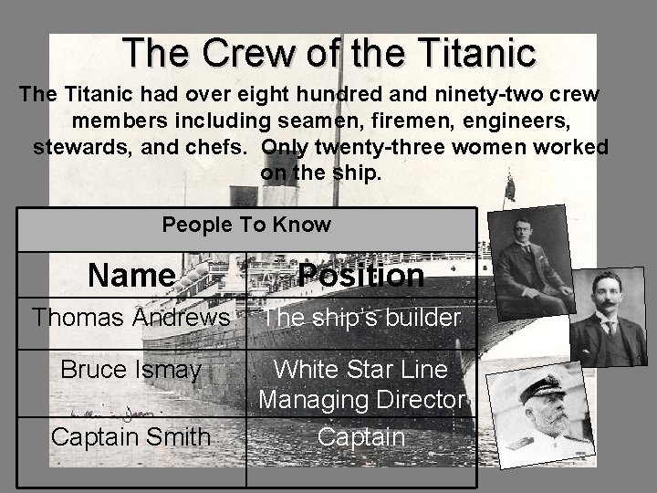 The Crew of the Titanic The Titanic had over eight hundred and ninety-two crew