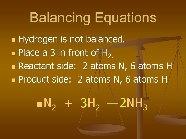 Balancing Equations Hydrogen is not balanced. n Place a 3 in front of H