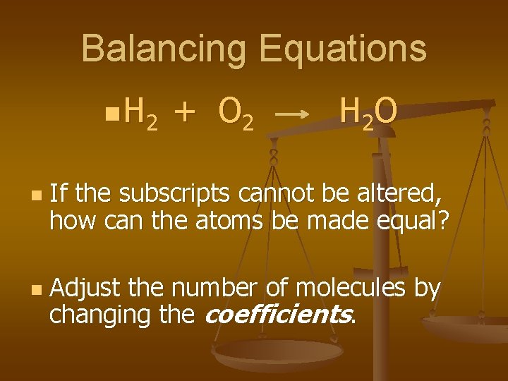 Balancing Equations n H 2 n n + O 2 H 2 O If